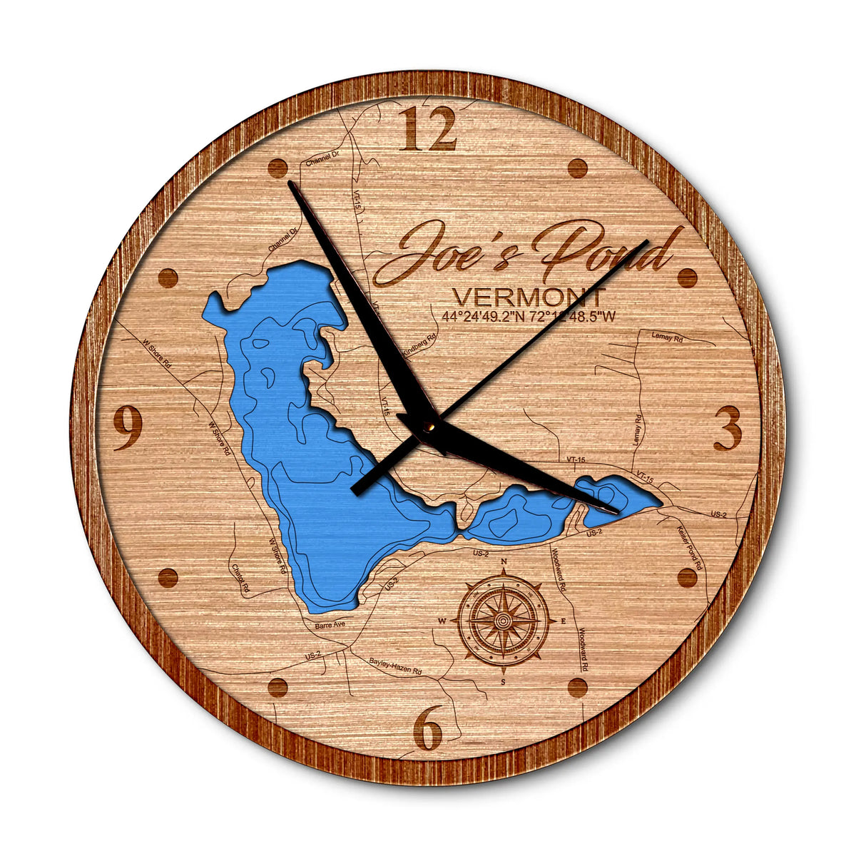 Joe's Pond, Vermont 14in Layered Map Clock - Any Lake, Pond, or Reservoir - Unique Home Decor
