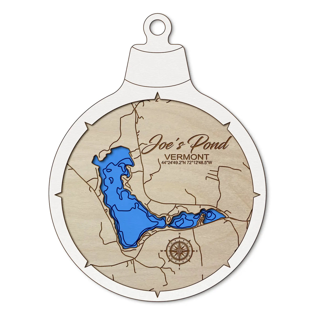 Joe's Pond, Vermont Custom 3D Layered Wood Lake Map Ornament | Handcrafted Bathymetric Art