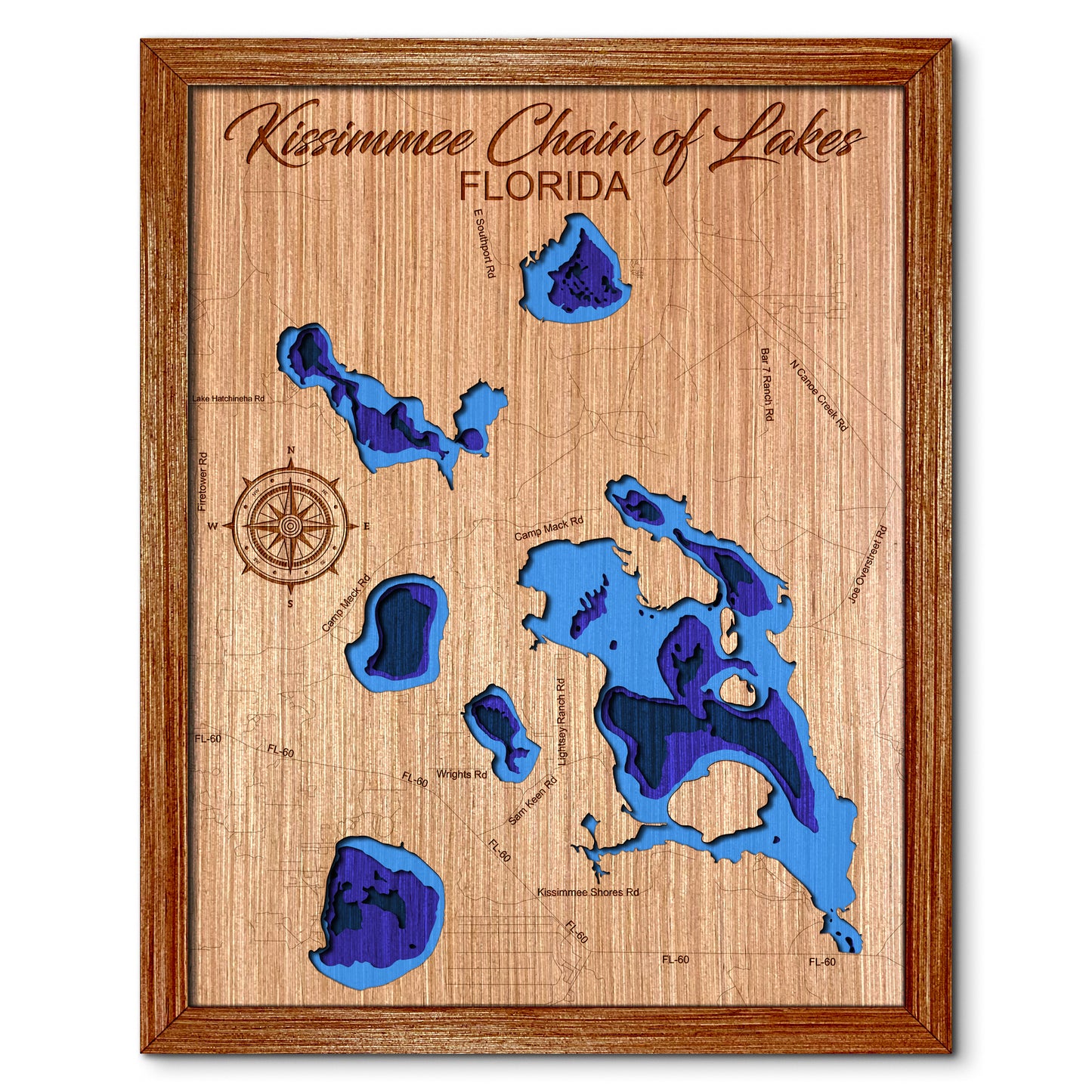 Kissimmee Chain of Lakes, Florida Depth Map - Any Lake, Pond, or Reservoir, Home Decor, Wall Art, Wall Decor