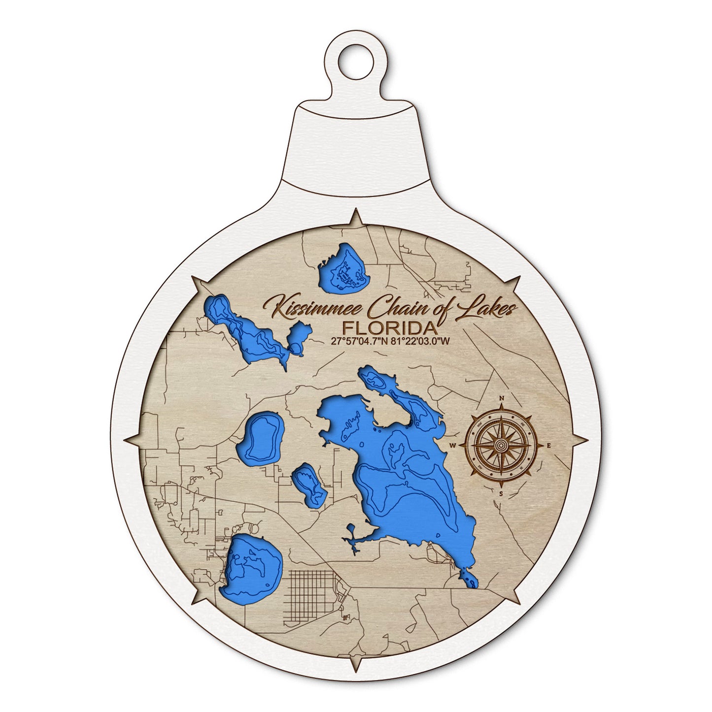 Kissimmee Chain of Lakes, Florida Custom 3D Layered Wood Lake Map Ornament | Handcrafted Bathymetric Art