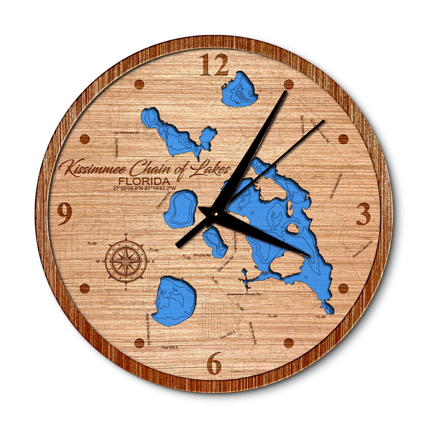 Kissimmee Chain of Lakes, Florida 14in Layered Map Clock - Any Lake, Pond, or Reservoir - Unique Home Decor