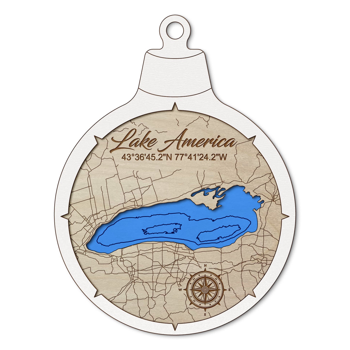 Lake America Custom 3D Layered Wood Lake Map Ornament | Handcrafted Bathymetric Art