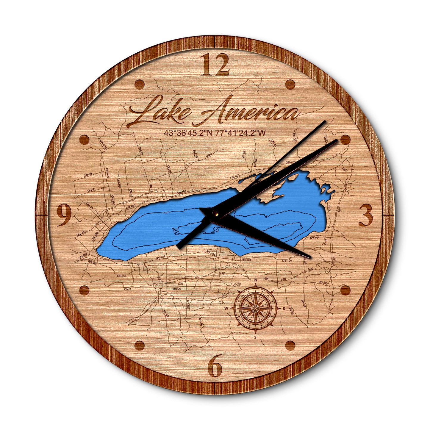 Lake America 14in Layered Map Clock - Any Lake, Pond, or Reservoir - Unique Home Decor