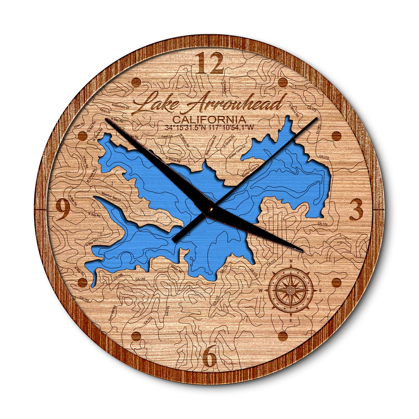Lake Arrowhead, California Layered Map Clock - Any Lake, Pond, or Reservoir - Unique Home Decor Layered Map Clock - Any Lake, Pond, or Reservoir - Unique Home Decor