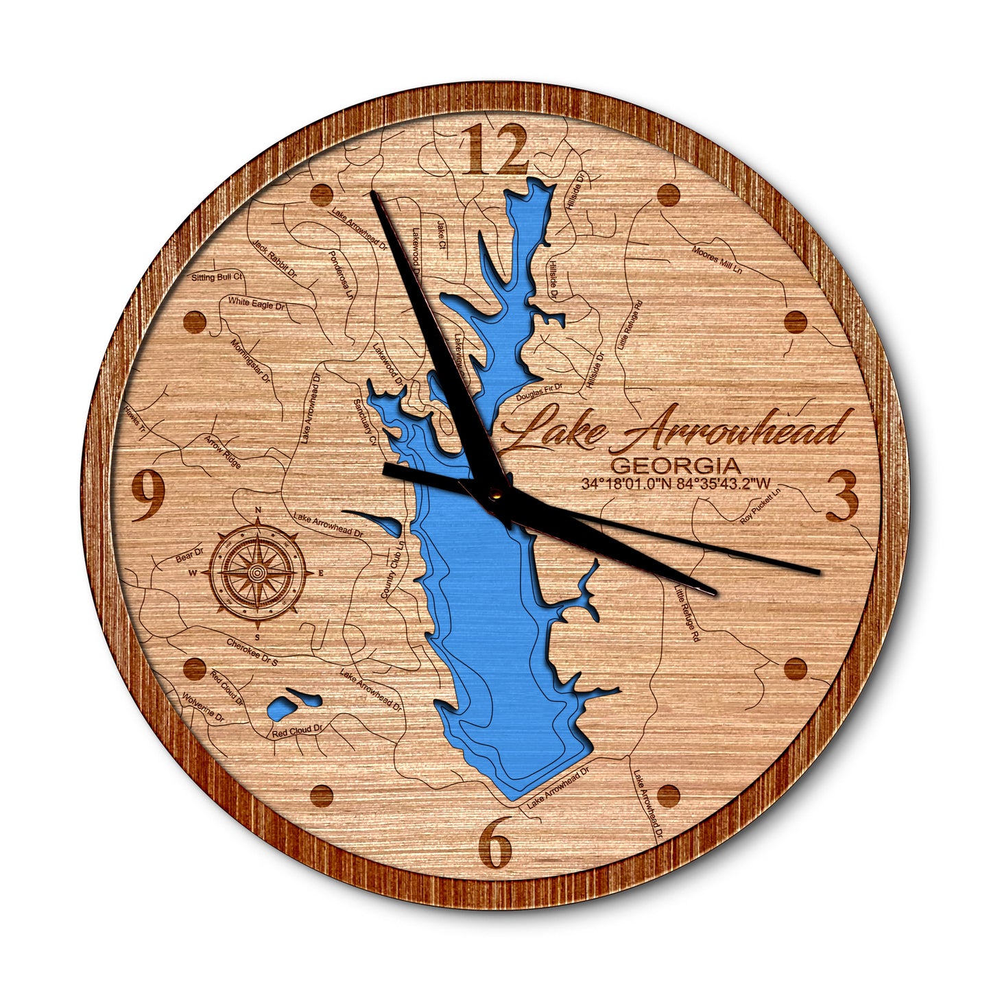 Lake Arrowhead, Georgia 14in Layered Map Clock - Any Lake, Pond, or Reservoir - Unique Home Decor