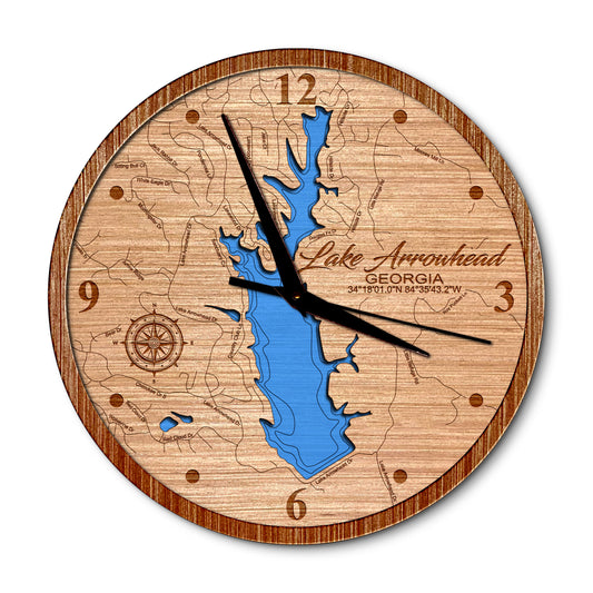Lake Arrowhead, Georgia 14in Layered Map Clock - Any Lake, Pond, or Reservoir - Unique Home Decor