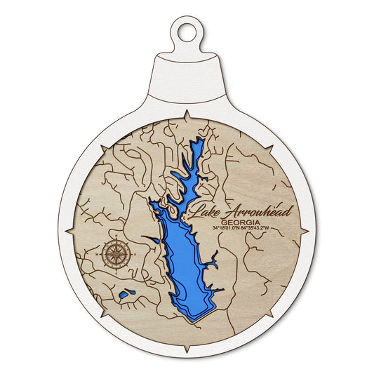 Lake Arrowhead, Georgia Custom 3D Layered Wood Lake Map Ornament | Handcrafted Bathymetric Art