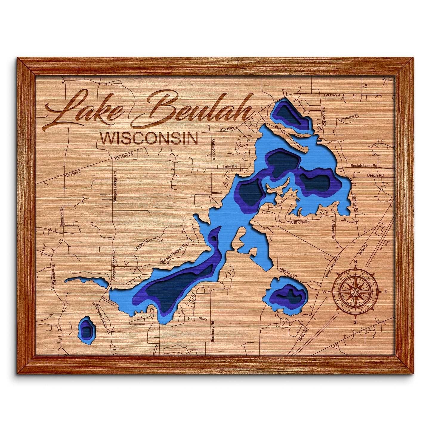 Lake Beulah, Wisconsin Depth Map - Any Lake, Pond, or Reservoir, Home Decor, Wall Art, Wall Decor