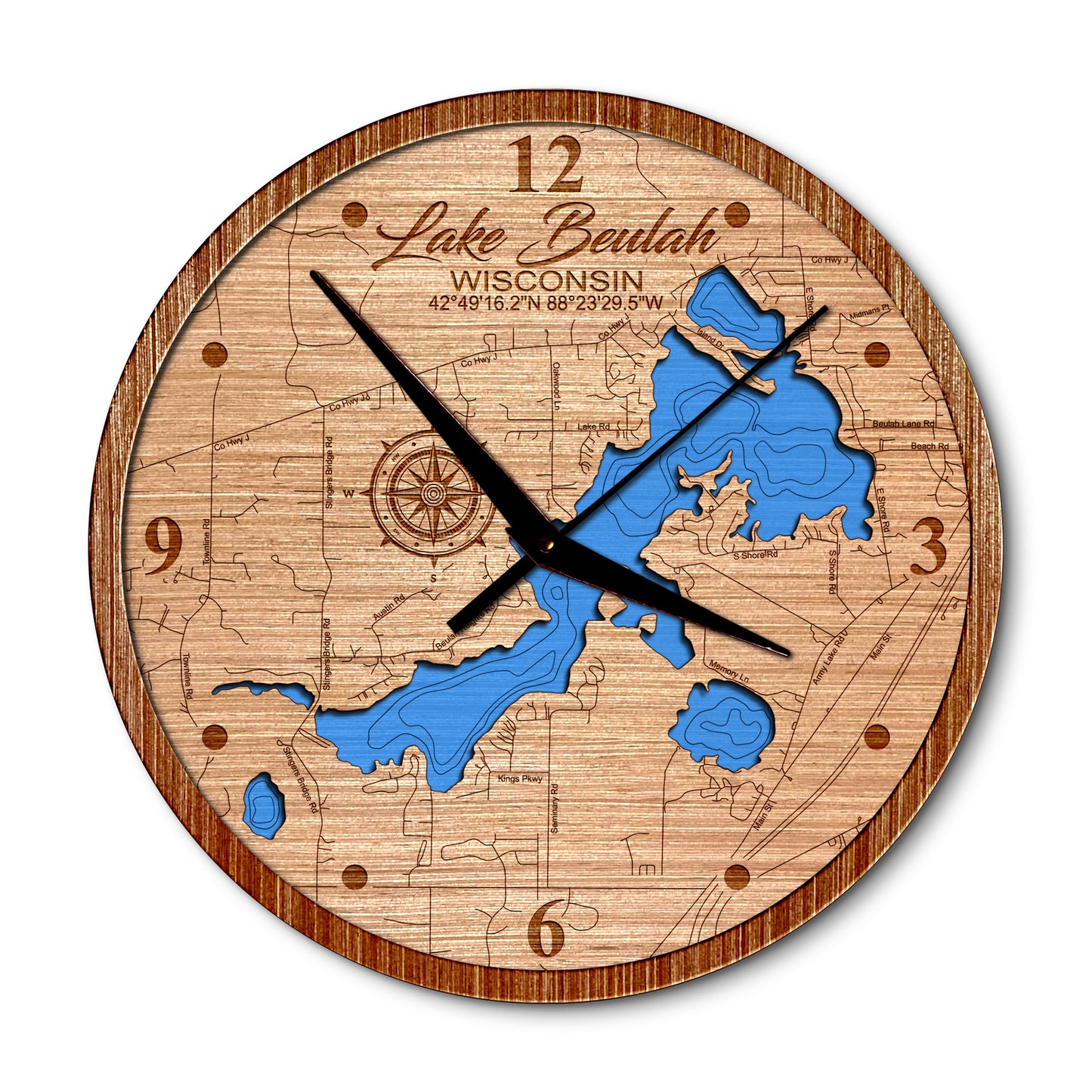 Lake Beulah, Wisconsin 14in Layered Map Clock - Any Lake, Pond, or Reservoir - Unique Home Decor
