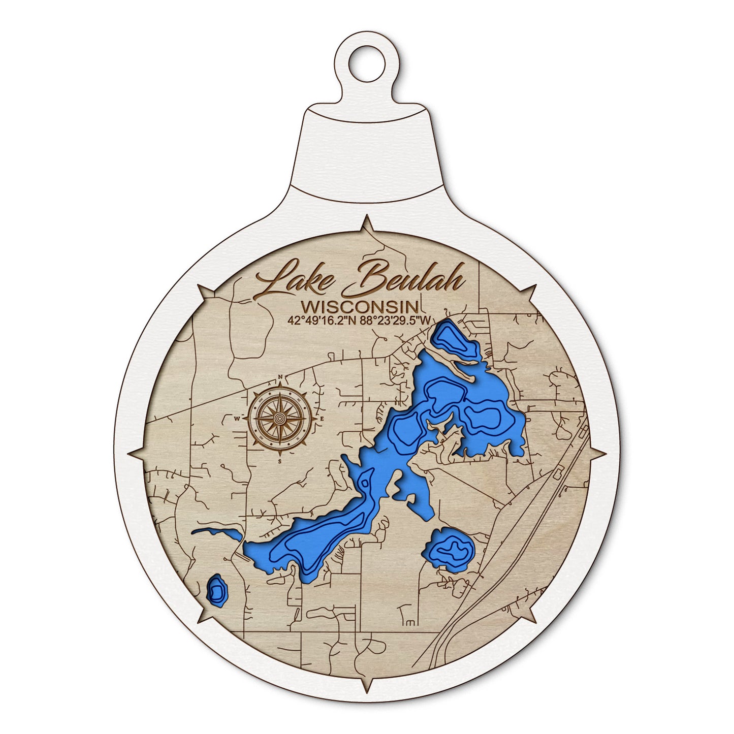 Lake Beulah, Wisconsin Custom 3D Layered Wood Lake Map Ornament | Handcrafted Bathymetric Art