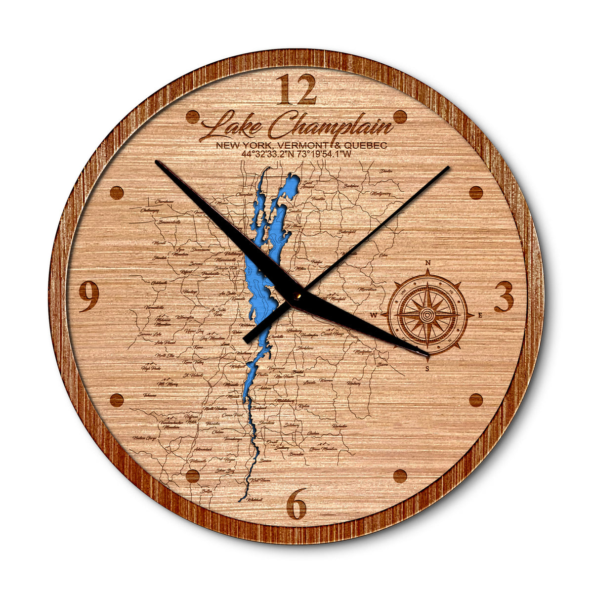 Lake Champlain, New York 14in Layered Map Clock - Any Lake, Pond, or Reservoir - Unique Home Decor