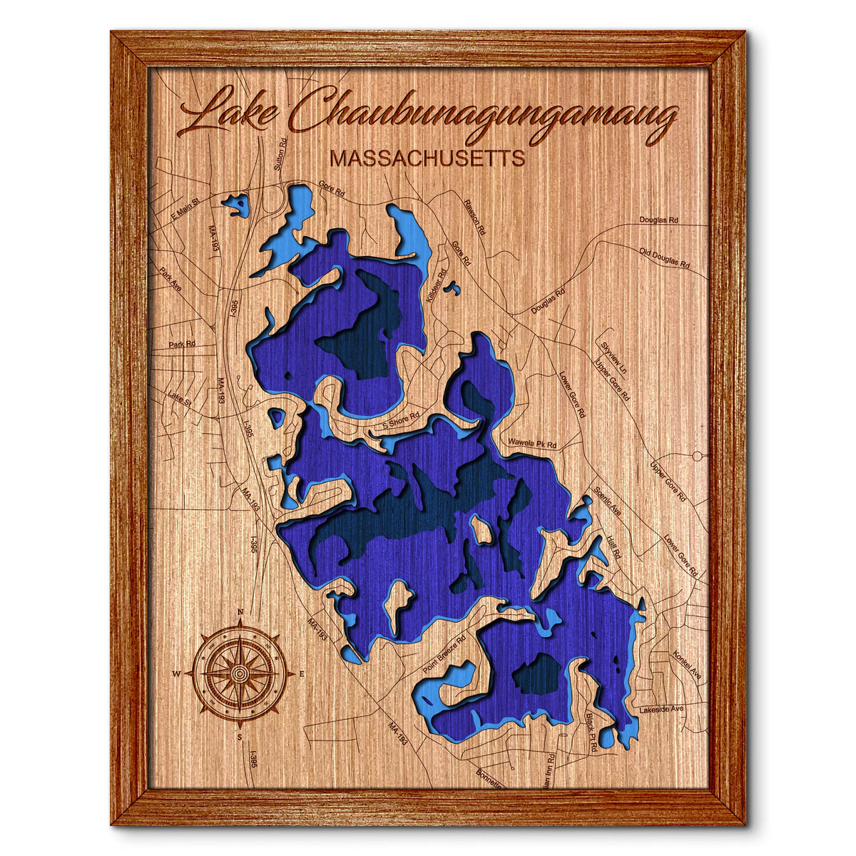 Lake Chaubunagungamaug, Massachusetts Depth Map - Any Lake, Pond, or Reservoir, Home Decor, Wall Art, Wall Decor