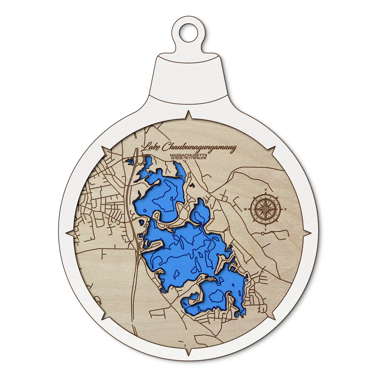 Lake Chaubunagungamaug, Massachusetts Custom 3D Layered Wood Lake Map Ornament | Handcrafted Bathymetric Art