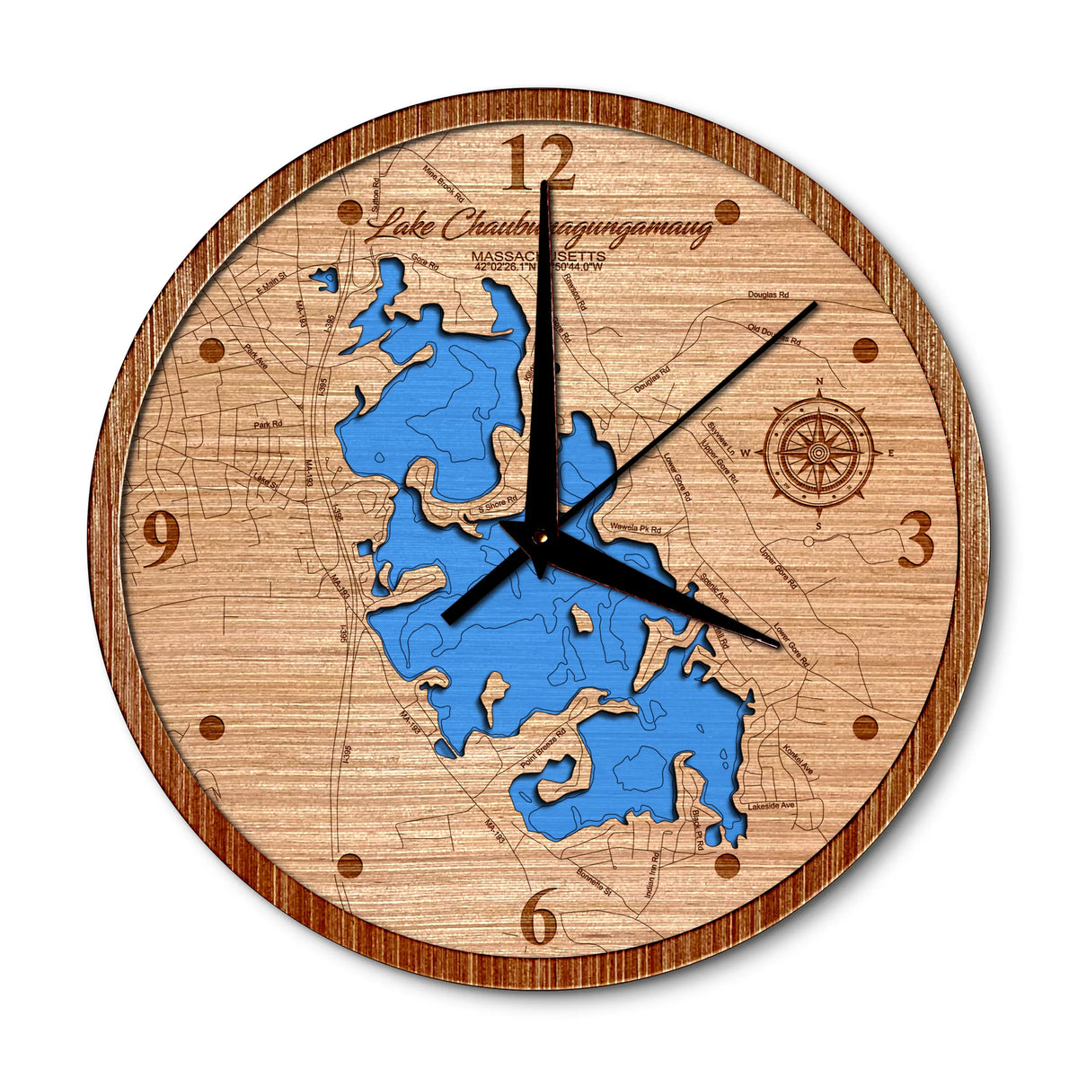 Lake Chaubunagungamaug, Massachusetts 14in Layered Map Clock - Any Lake, Pond, or Reservoir - Unique Home Decor