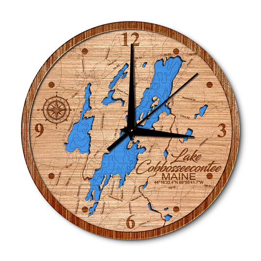 Lake Cobbosseecontee, Maine 14in Layered Map Clock - Any Lake, Pond, or Reservoir - Unique Home Decor