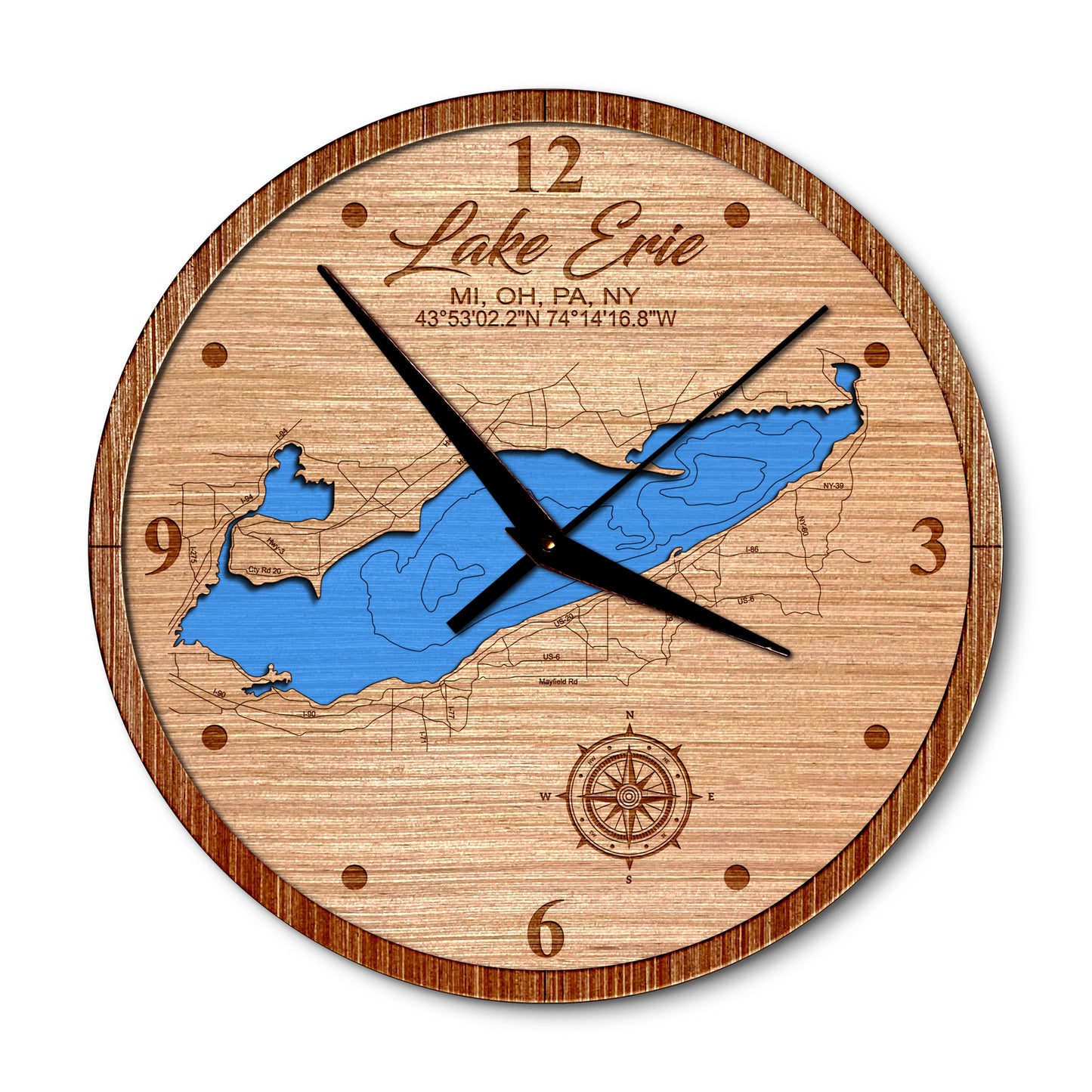 Lake Erie 14in Layered Map Clock - Any Lake, Pond, or Reservoir - Unique Home Decor