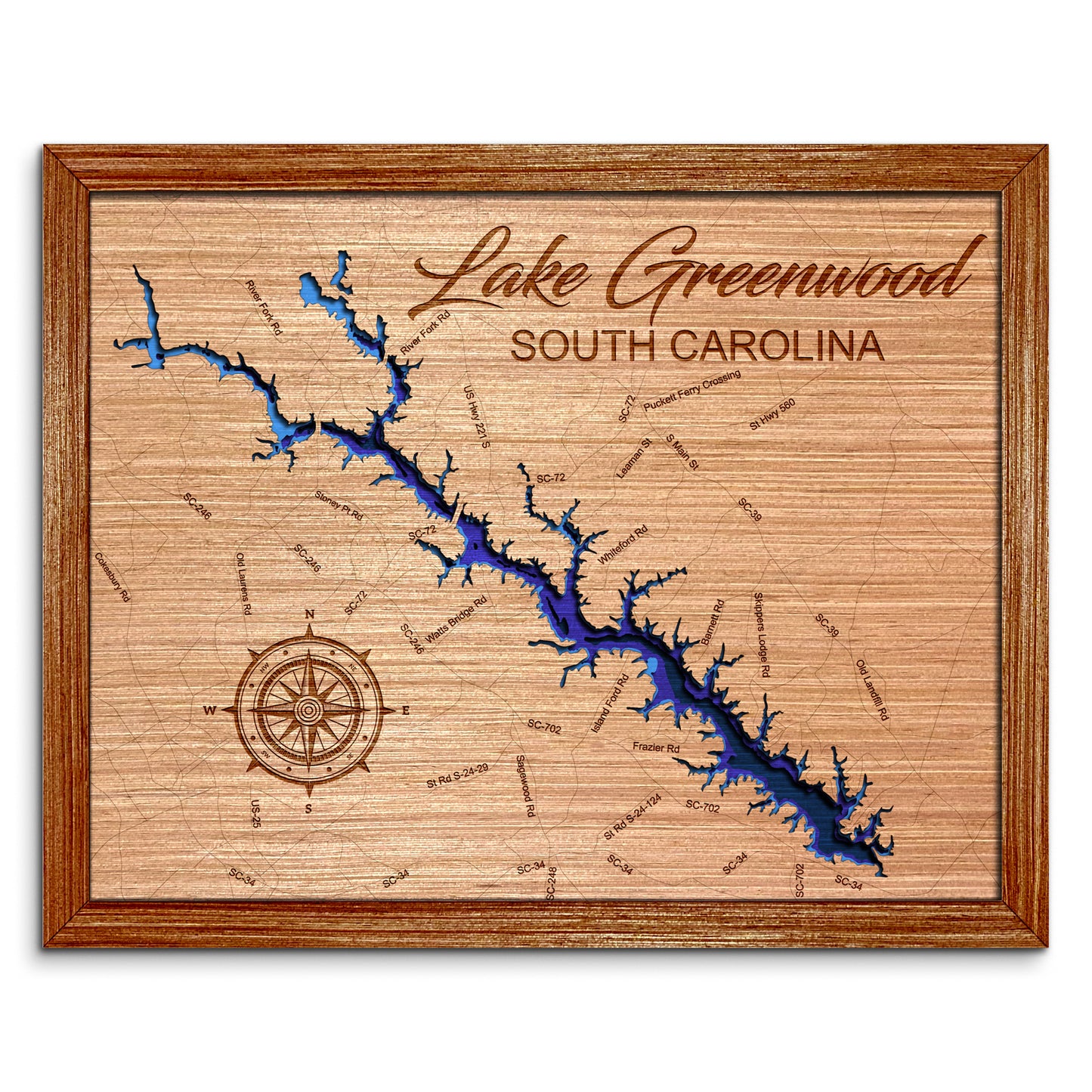 Lake Greenwood, South Carolina Depth Map - Any Lake, Pond, or Reservoir - Unique Home Decor, Wall Art
