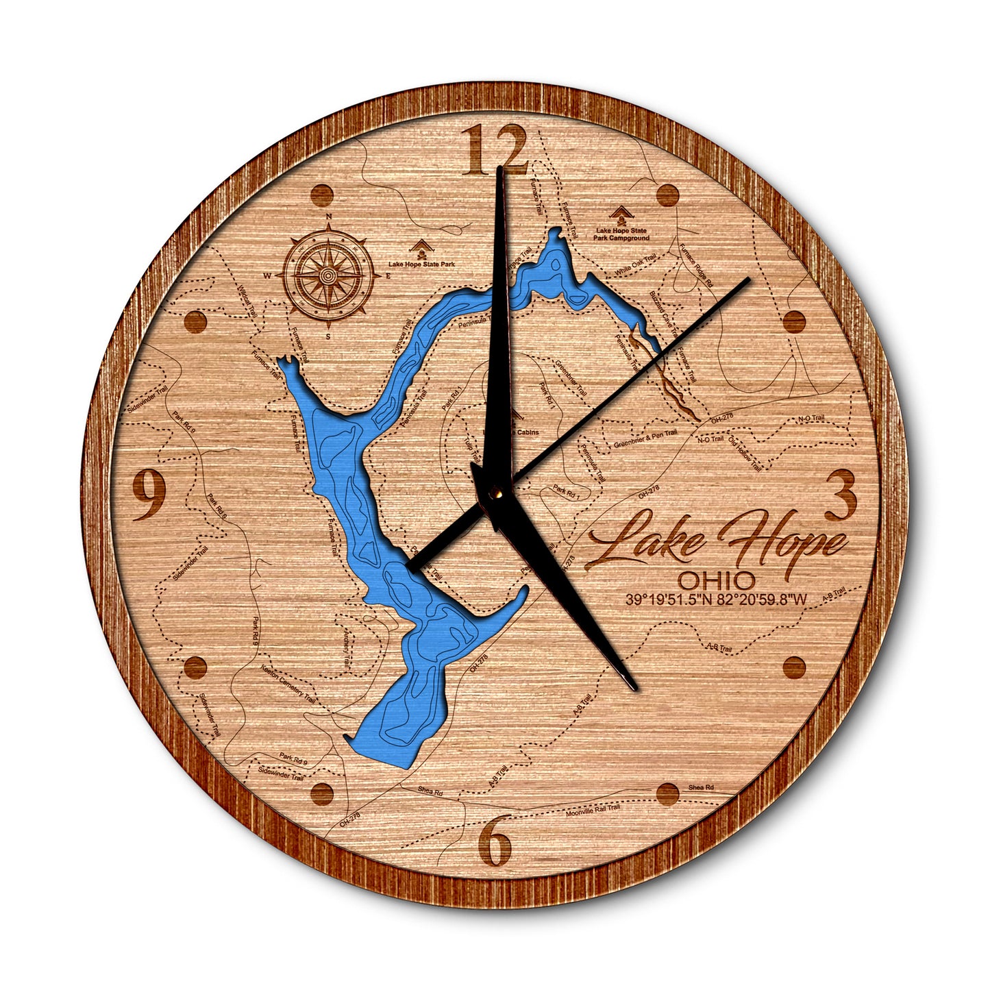 Lake Hope, Ohio 14in Layered Map Clock - Any Lake, Pond, or Reservoir - Unique Home Decor