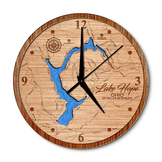 Lake Hope, Ohio 14in Layered Map Clock - Any Lake, Pond, or Reservoir - Unique Home Decor