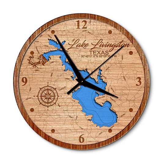 Lake Livingston, Texas 14in Layered Map Clock - Any Lake, Pond, or Reservoir - Unique Home Decor