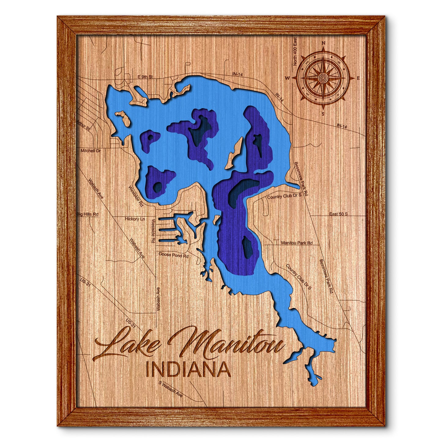 Lake Manitou, Indiana Depth Map - Any Lake, Pond, or Reservoir - Unique Home Decor, Wall Art