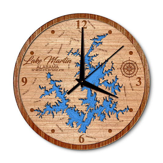 Lake Martin, Alabama 14in Layered Map Clock - Any Lake, Pond, or Reservoir - Unique Home Decor