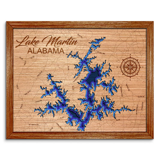 Lake Martin, Alabama Depth Map - Any Lake, Pond, or Reservoir, Home Decor, Wall Art, Wall Decor