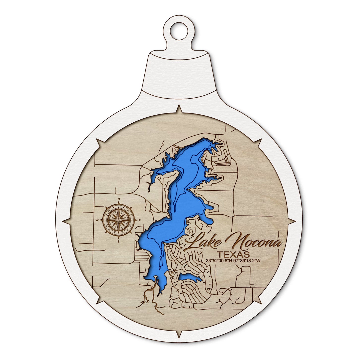 Lake Nocona, Texas Custom 3D Layered Wood Lake Map Ornament | Handcrafted Bathymetric Art