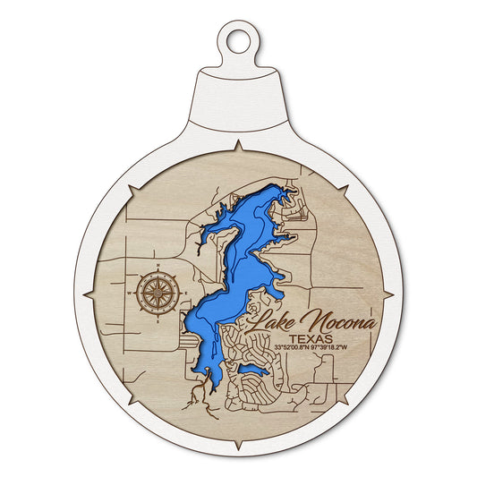 Lake Nocona, Texas Custom 3D Layered Wood Lake Map Ornament | Handcrafted Bathymetric Art