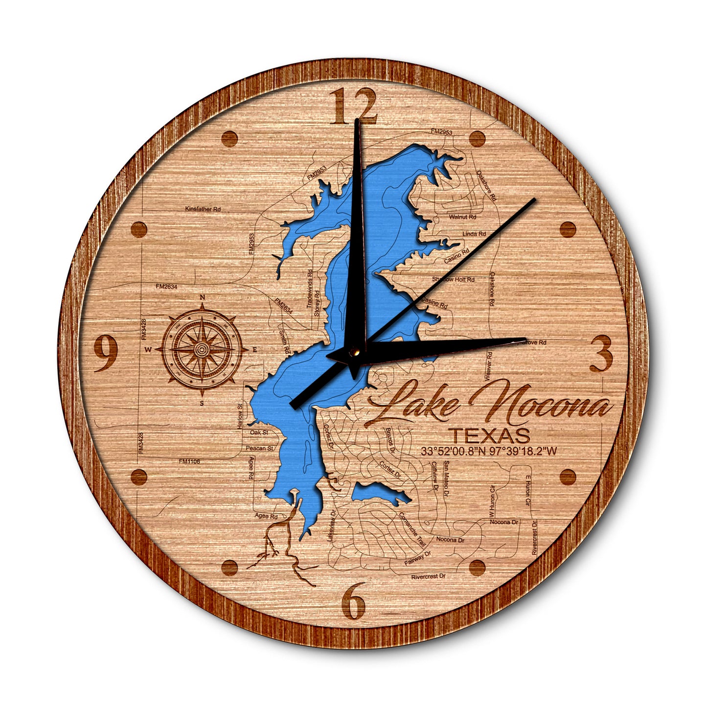 Lake Nocona, Texas 14in Layered Map Clock - Any Lake, Pond, or Reservoir - Unique Home Decor