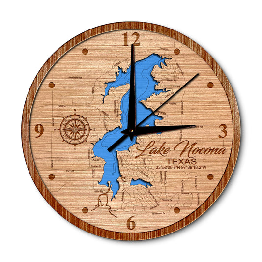 Lake Nocona, Texas 14in Layered Map Clock - Any Lake, Pond, or Reservoir - Unique Home Decor