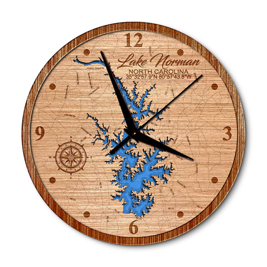 Lake Norman, North Carolina 14in Layered Map Clock - Any Lake, Pond, or Reservoir - Unique Home Decor