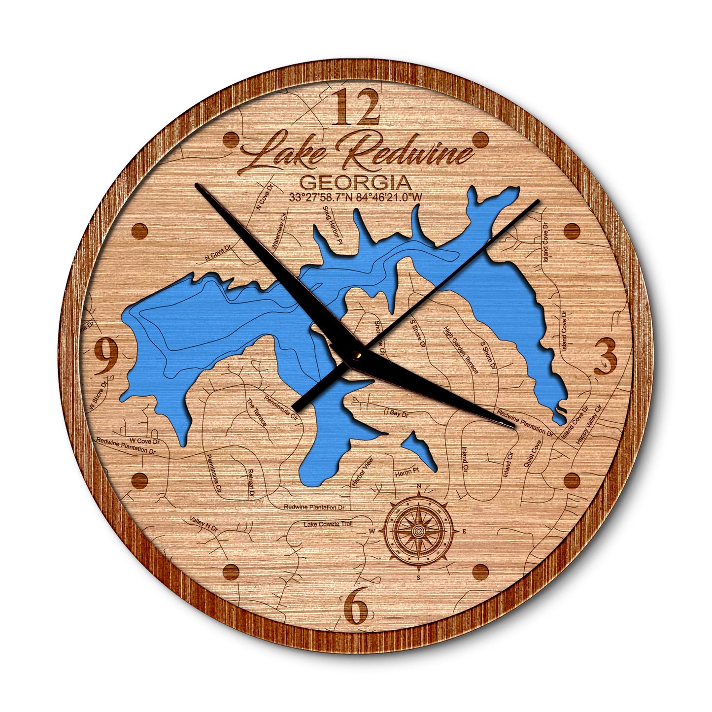 Lake Redwine, Georgia 14in Layered Map Clock - Any Lake, Pond, or Reservoir - Unique Home Decor