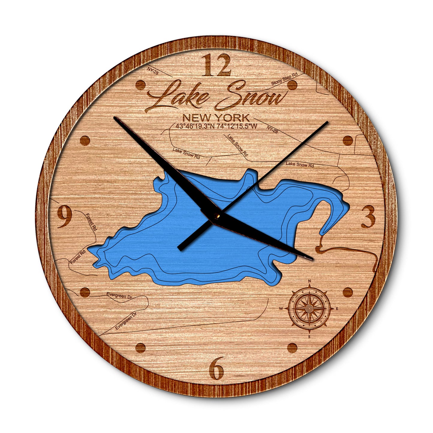 Lake Snow in Hamilton County, New York 14in Layered Map Clock - Any Lake, Pond, or Reservoir - Unique Home Decor