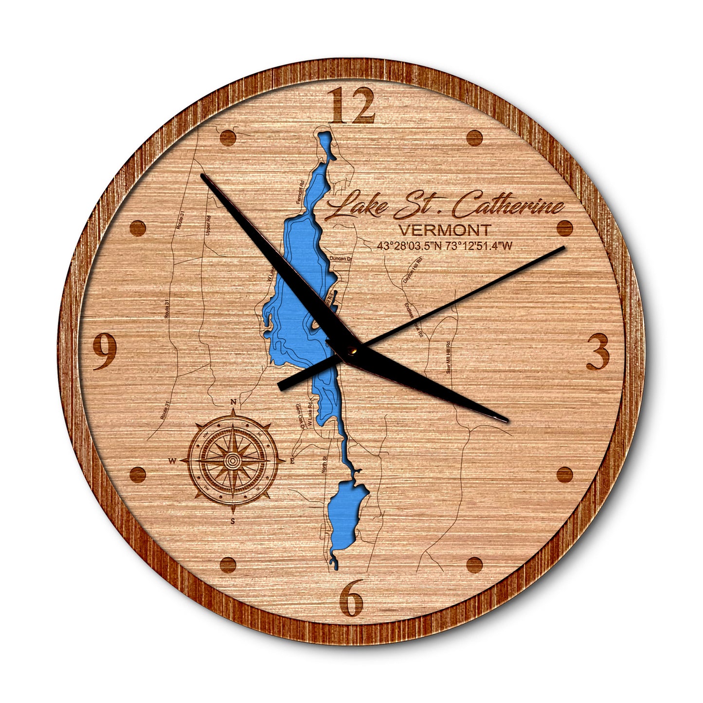 Lake St Catherine Vermont 14in Layered Map Clock - Any Lake, Pond, or Reservoir - Unique Home Decor