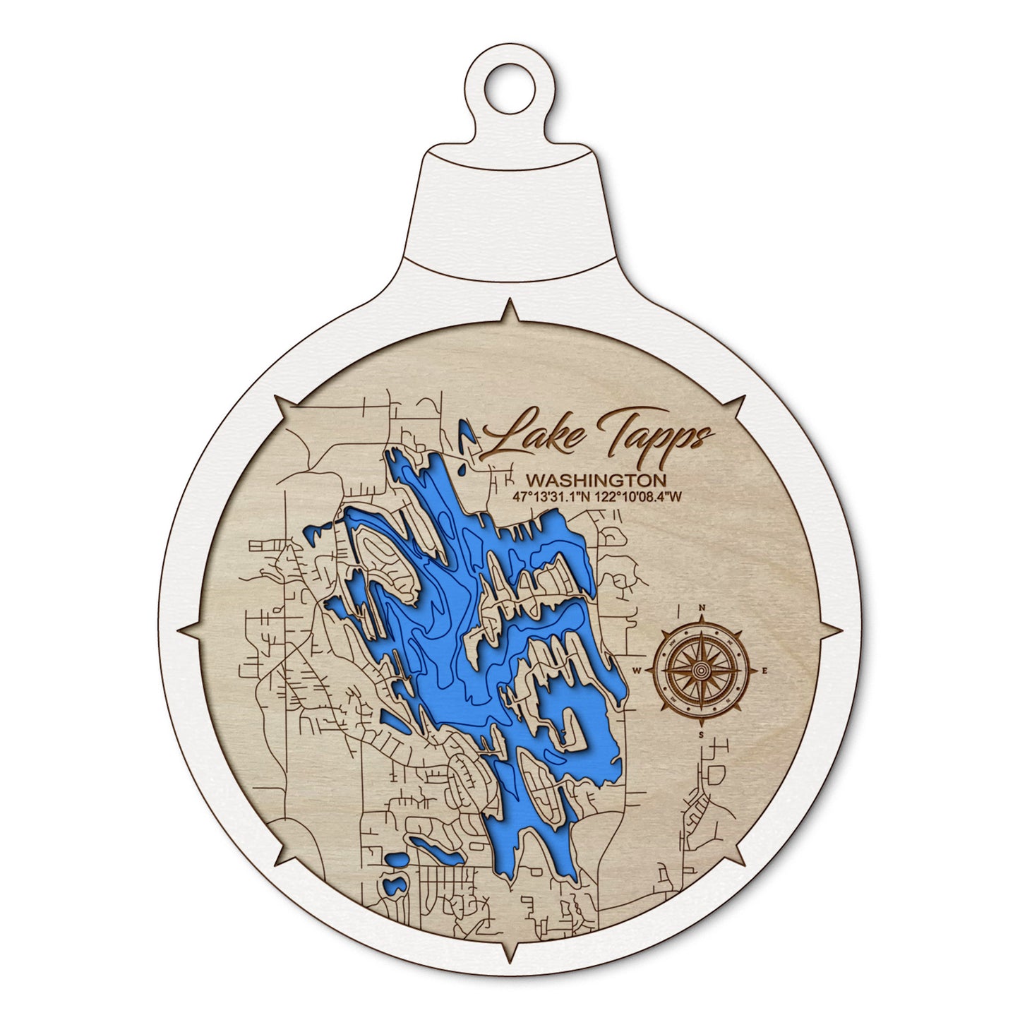 Lake Tapps, Washington Custom 3D Layered Wood Lake Map Ornament | Handcrafted Bathymetric Art