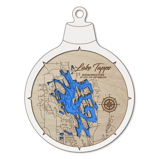 Lake Tapps, Washington Custom 3D Layered Wood Lake Map Ornament | Handcrafted Bathymetric Art