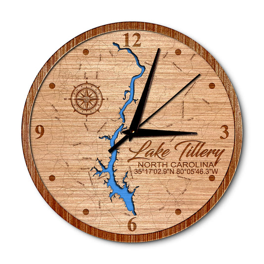 Lake Tillery, North Carolina 14in Layered Map Clock - Any Lake, Pond, or Reservoir - Unique Home Decor