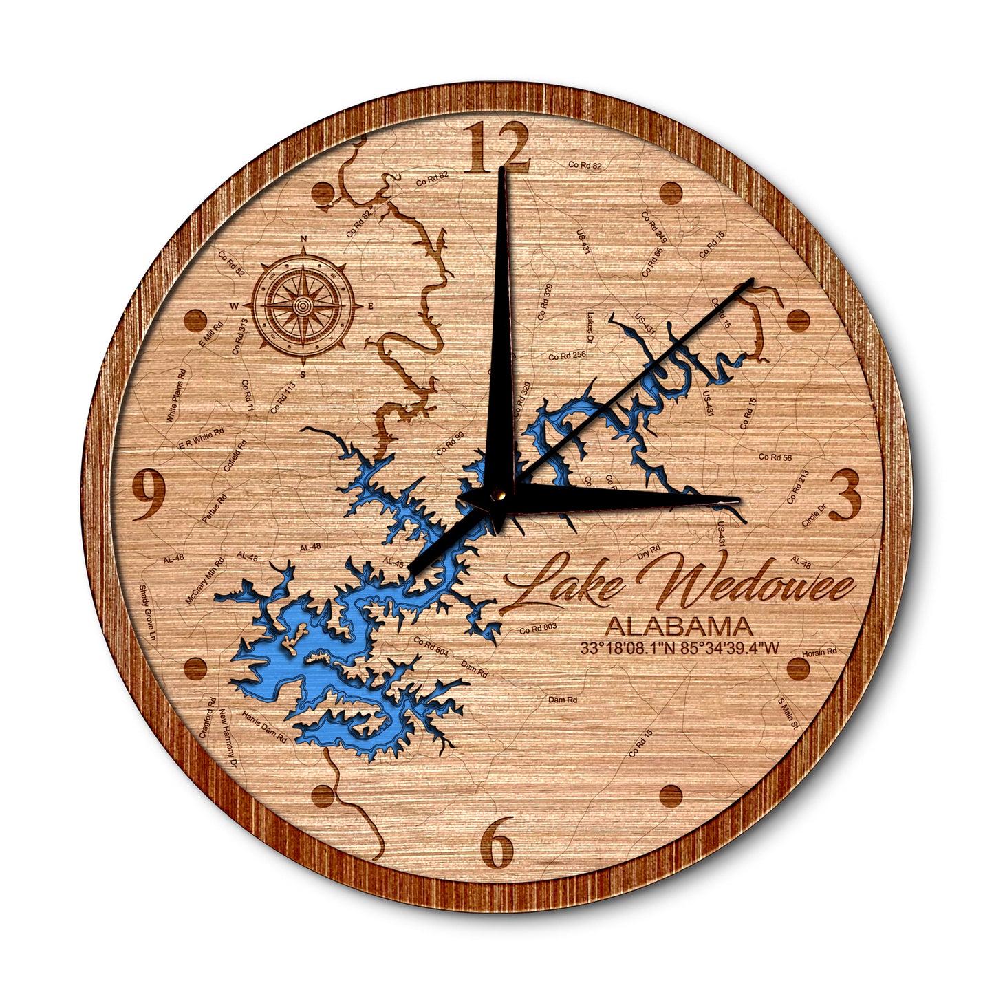 Lake Wedowee, Alabama 14in Layered Map Clock - Any Lake, Pond, or Reservoir - Unique Home Decor