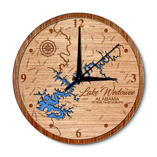 Lake Wedowee, Alabama 14in Layered Map Clock - Any Lake, Pond, or Reservoir - Unique Home Decor
