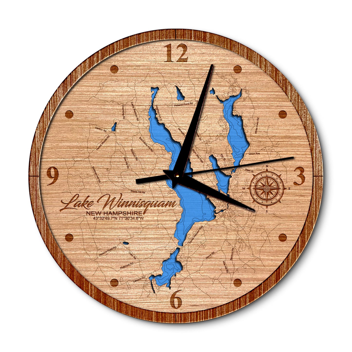Lake Winnisquam, New Hampshire 14in Layered Map Clock - Any Lake, Pond, or Reservoir - Unique Home Decor