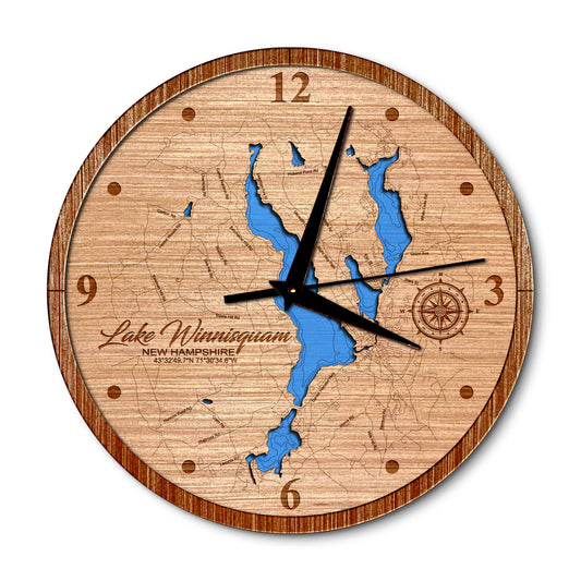 Lake Winnisquam, New Hampshire 14in Layered Map Clock - Any Lake, Pond, or Reservoir - Unique Home Decor