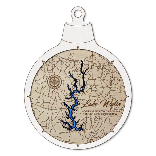 Lake Wylie, Carolina's Custom 3D Layered Wood Lake Map Ornament | Handcrafted Bathymetric Art