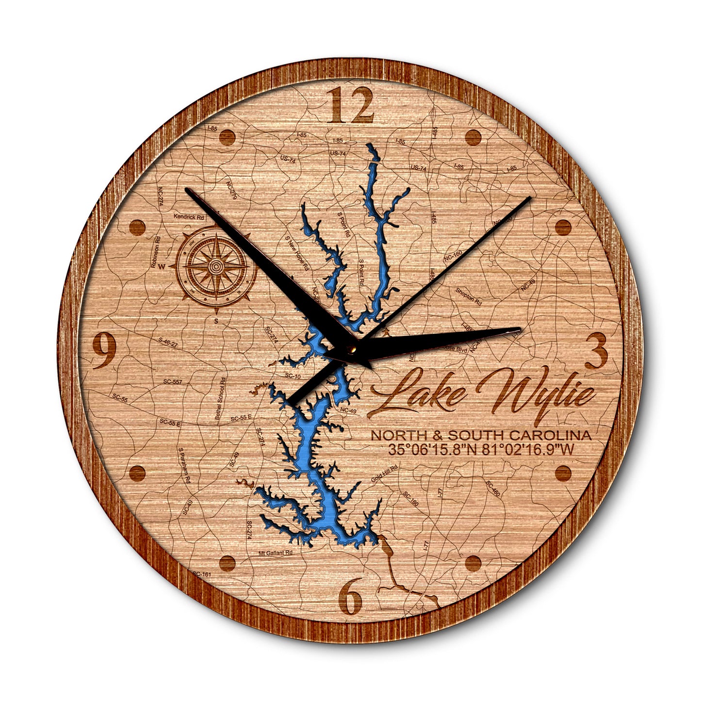 Lake Wylie, Carolina's 14in Layered Map Clock - Any Lake, Pond, or Reservoir - Unique Home Decor
