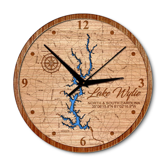 Lake Wylie, Carolina's 14in Layered Map Clock - Any Lake, Pond, or Reservoir - Unique Home Decor