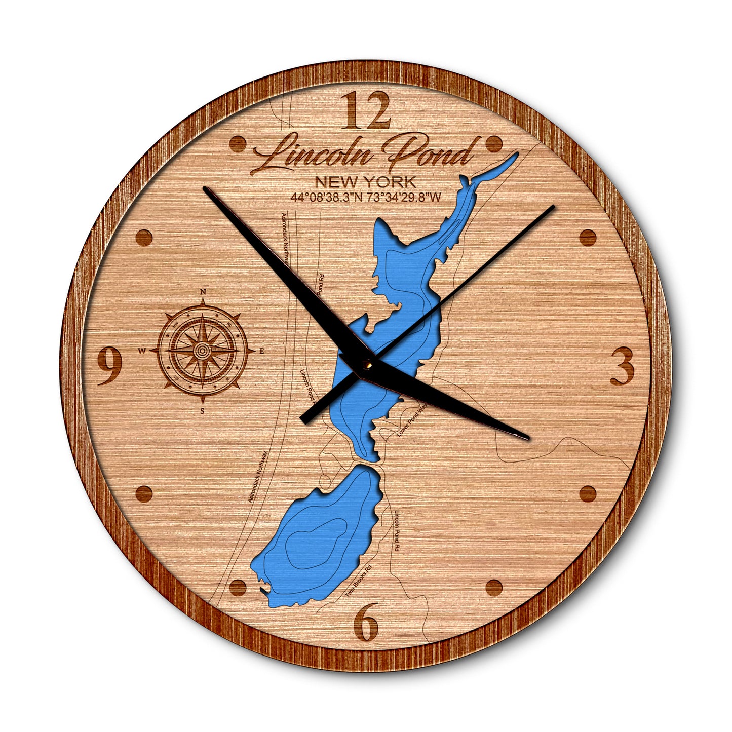 Lincoln Pond, New York 14in Layered Map Clock - Any Lake, Pond, or Reservoir - Unique Home Decor