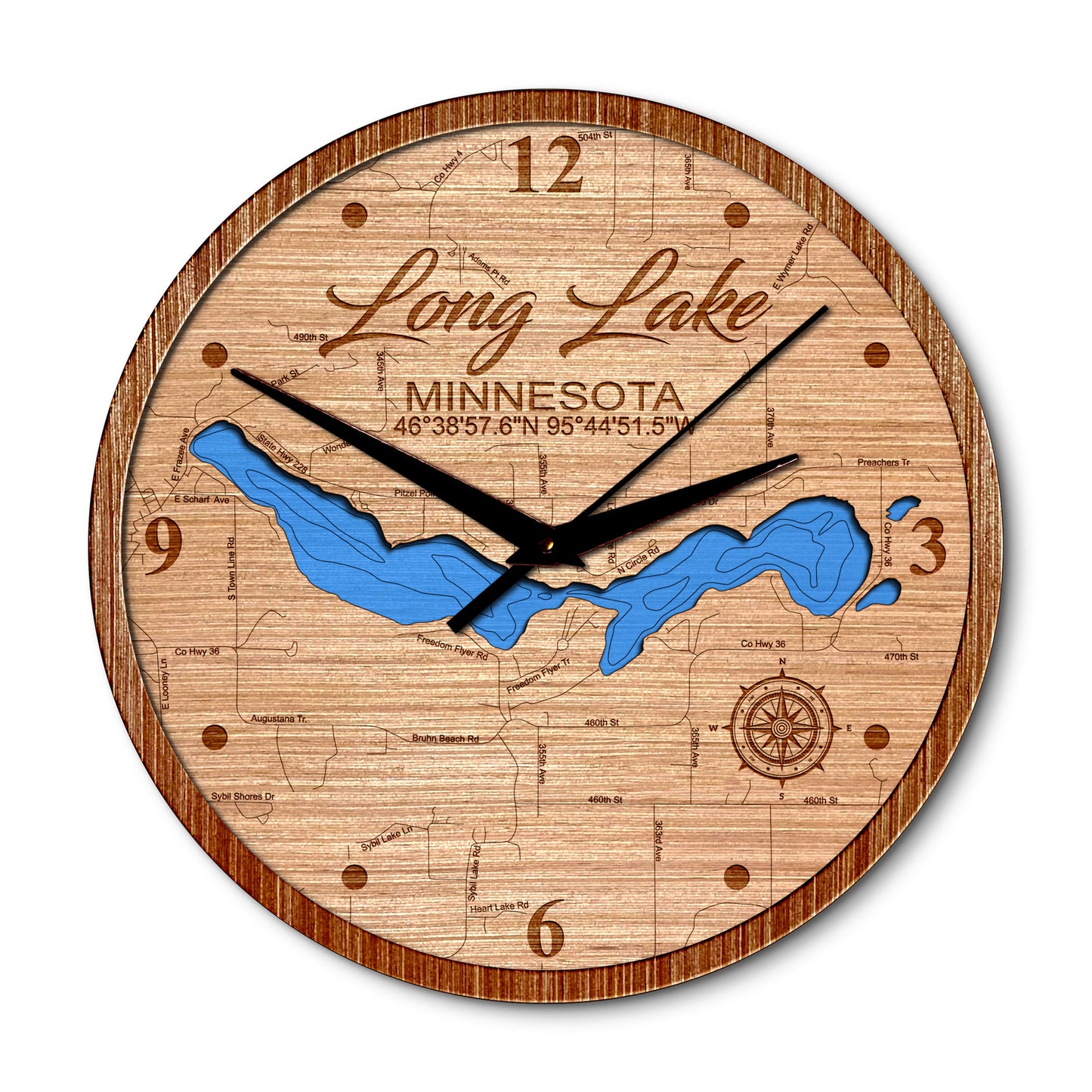 Long Lake in Vergas, Minnesota 14in Layered Map Clock - Any Lake, Pond, or Reservoir - Unique Home Decor