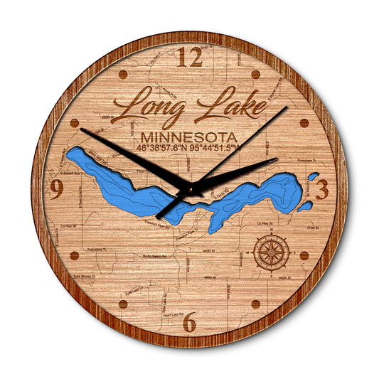 Long Lake in Vergas, Minnesota 14in Layered Map Clock - Any Lake, Pond, or Reservoir - Unique Home Decor