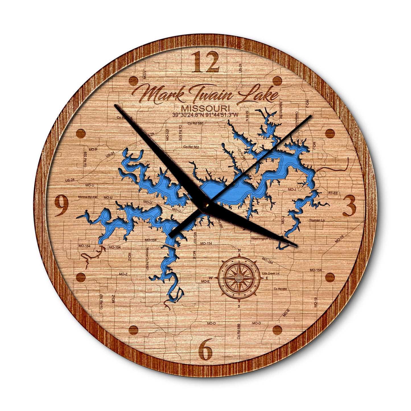 Mark Twain Lake, Missouri 14in Layered Map Clock - Any Lake, Pond, or Reservoir - Unique Home Decor