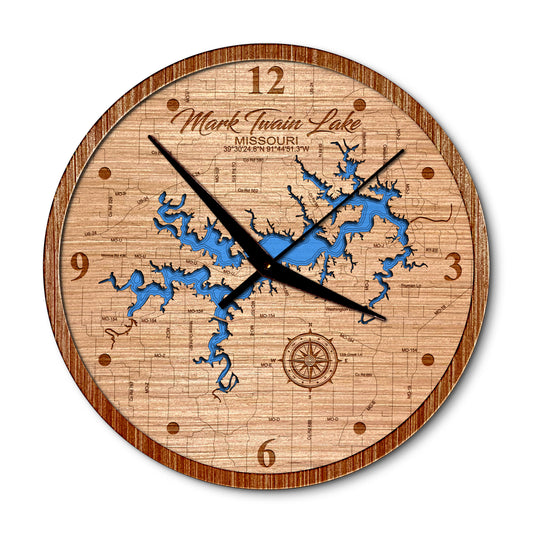 Mark Twain Lake, Missouri 14in Layered Map Clock - Any Lake, Pond, or Reservoir - Unique Home Decor